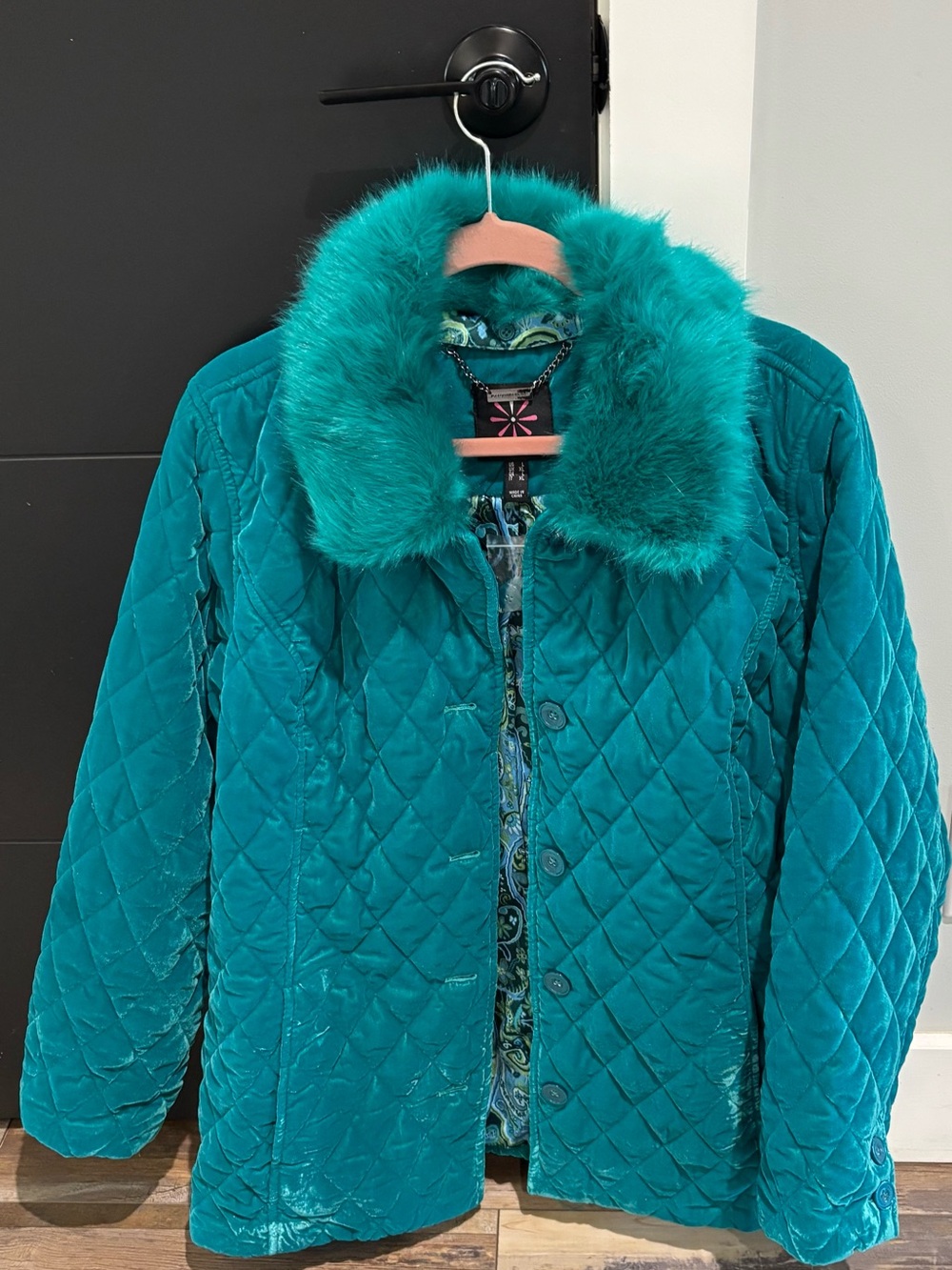 Isaac Mizrahi Teal Quilted Jacket with Faux-Fur Collar